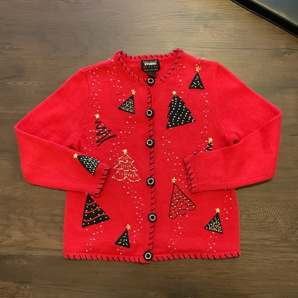 VINTAGE DESIGNERS ORIGINALS STUDIO UGLY CHRISTMAS CARDIGAN SWEATER RED - Picture 9 of 9